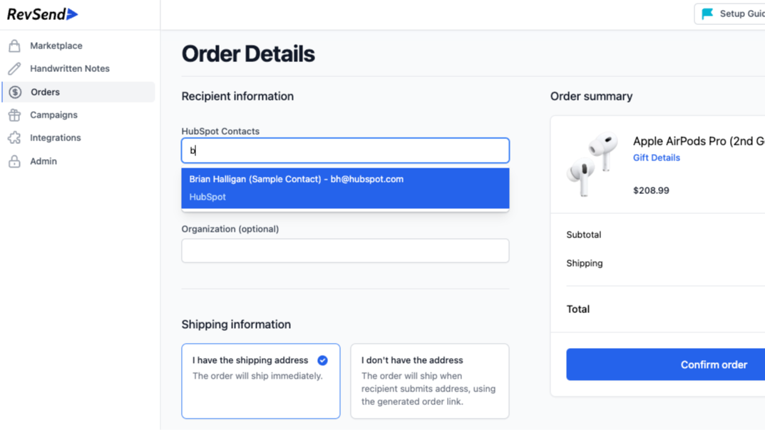 Search your HubSpot contacts inside RevSend.